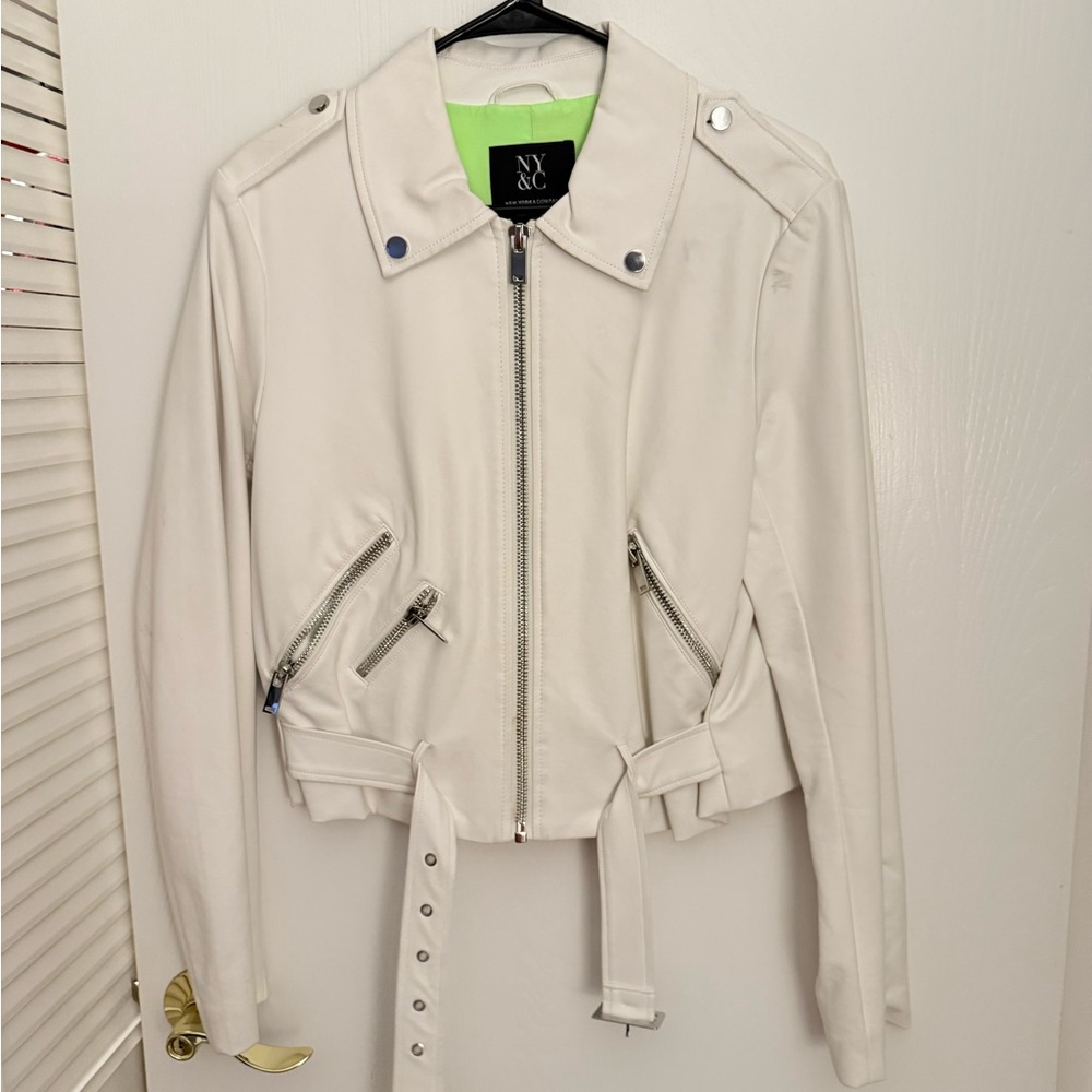 New York & Company Women's White Cropped Moto Jacket